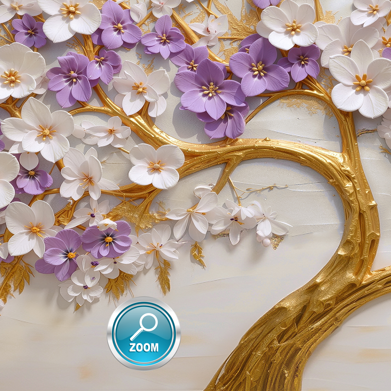 تابلو دکوراتیو  مدرن « درخت طلایی و شکوفه های سفید و یاسی»